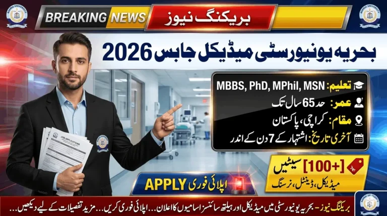 Bahria University Karachi Jobs 2026 feature image showing a man holding job application papers in a hospital setting with details about MBBS, PhD, MPhil, and MSN vacancies in Karachi, Pakistan.