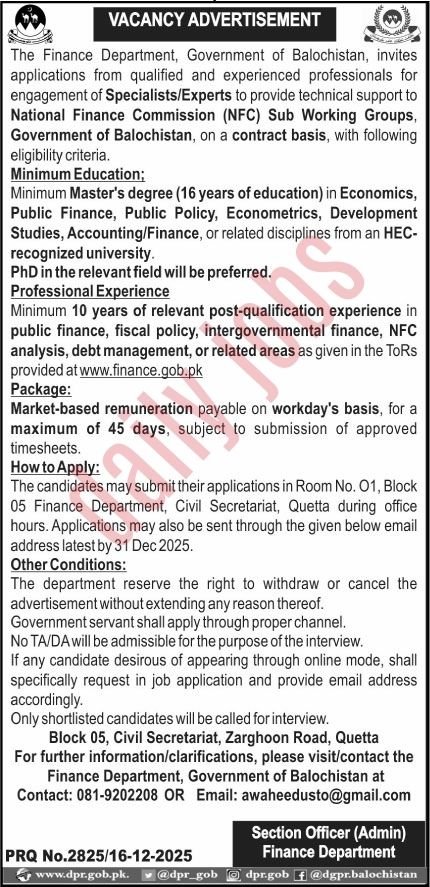 Finance Department Quetta Jobs 2025