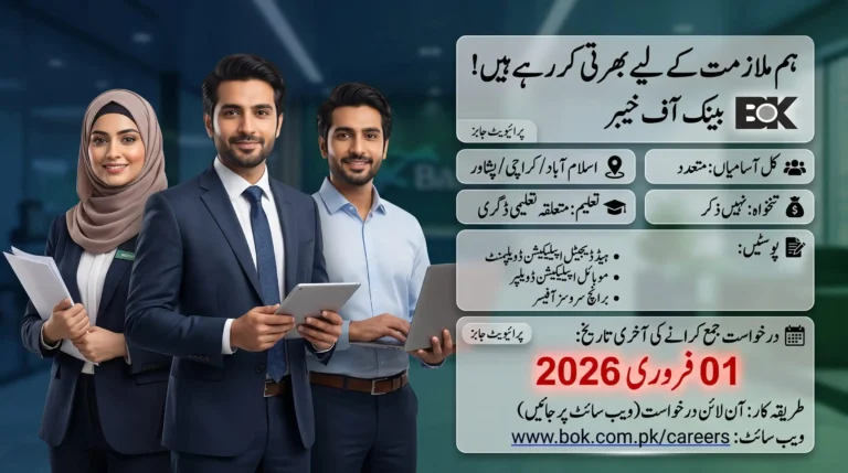Bank of Khyber Jobs 2026 feature image showing male and female banking professionals promoting latest career opportunities in Islamabad, Karachi, and Peshawar with online application details and deadline February 1, 2026.