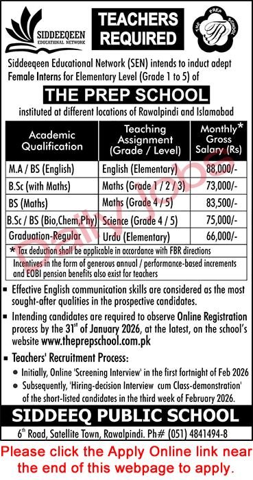 Female Teacher Jobs in The Prep Schools Islamabad 2026