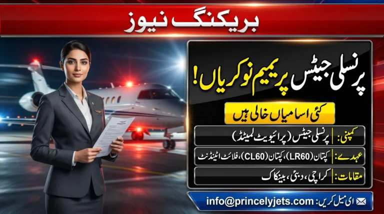 Latest Princely Jets Jobs December 2026 feature image showing breaking news about Princely Jets Premium Noorbaan jobs for Captain LR60, Captain CL600, and Flight Attendant positions in Karachi, Dubai, and Bangkok.