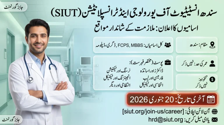 Latest SIUT Hospital Karachi Jobs 2026 feature image showing a smiling male doctor in a hospital background with Urdu text about Sindh Institute of Urology and Transplantation job opportunities for MBBS, FCPS, doctors, diploma holders, nurses, engineers, technicians, and administrative staff. The image also highlights the application deadline of January 20, 2026, along with the official SIUT career website and HR email details.