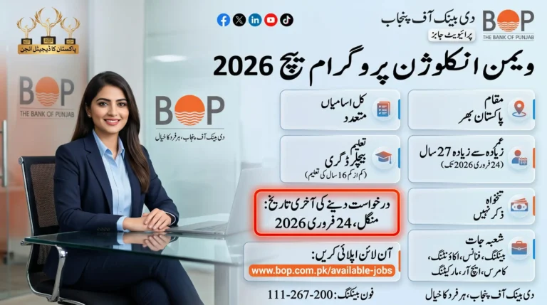 Bank of Punjab Women Inclusion Program 2026 feature image showing BOP female recruitment program, woman banking professional, eligibility criteria, bachelor’s degree requirement, Pakistan location, online apply link, and last date to apply.