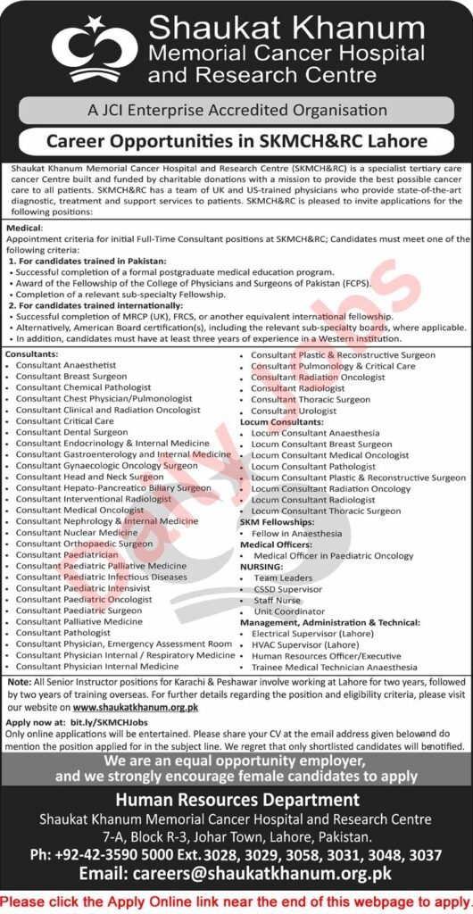 Shaukat Khanum Hospital Lahore Jobs Feb 2026 Apply