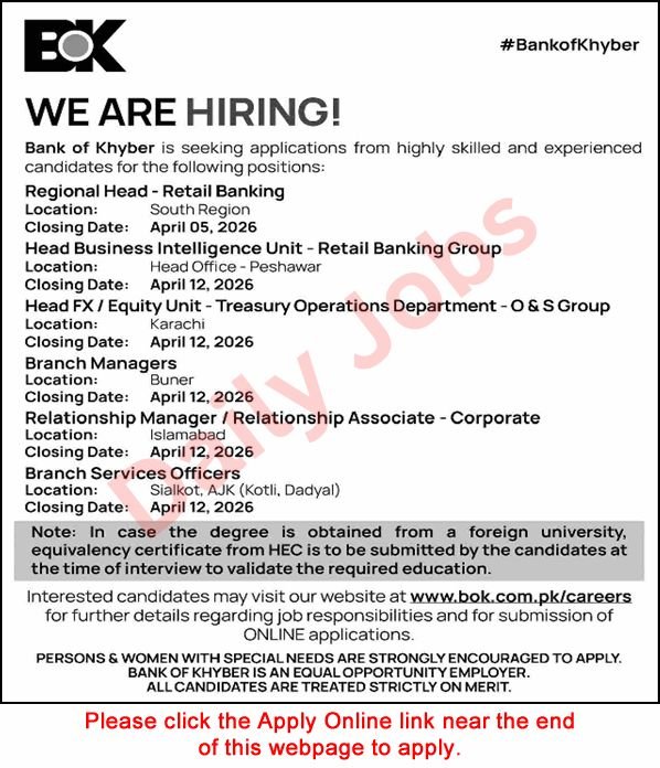 Bank of Khyber Jobs March 2026 April latest jobs apply now