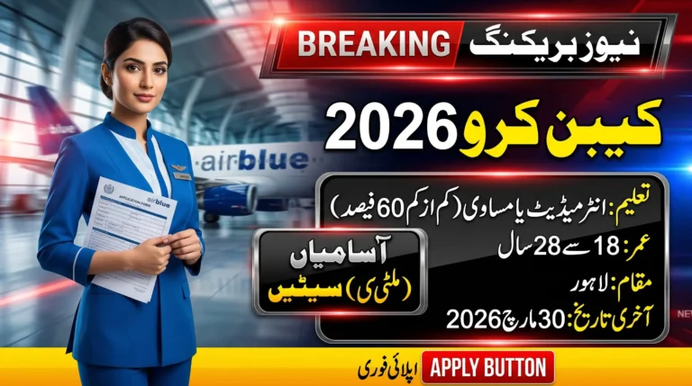 Cabin Crew Female Jobs in Lahore 2026 feature image showing Airblue airline cabin crew recruitment, female applicant holding application form, eligibility criteria, age limit, Lahore location, and last date details.