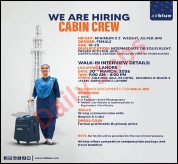 Cabin Crew (Female) Jobs in Lahore 2026 latest opportunities