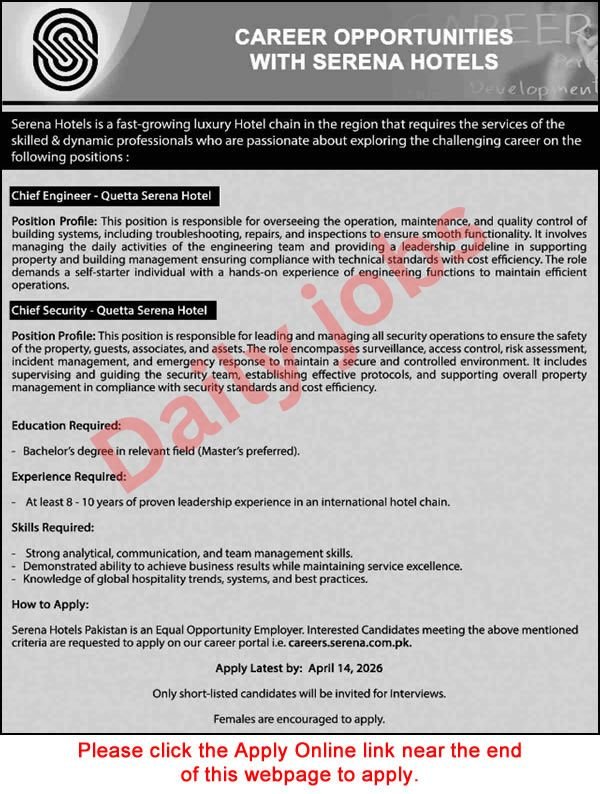 Chief Engineer  Security Jobs in Serena Hotel Quetta 2026 