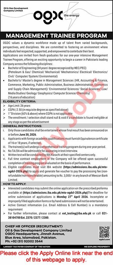 OGDCL Management Trainee Program April 2026 Apply now