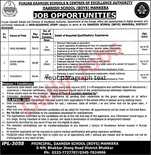 Daanish School Mankera Jobs 2026 March / April apply now