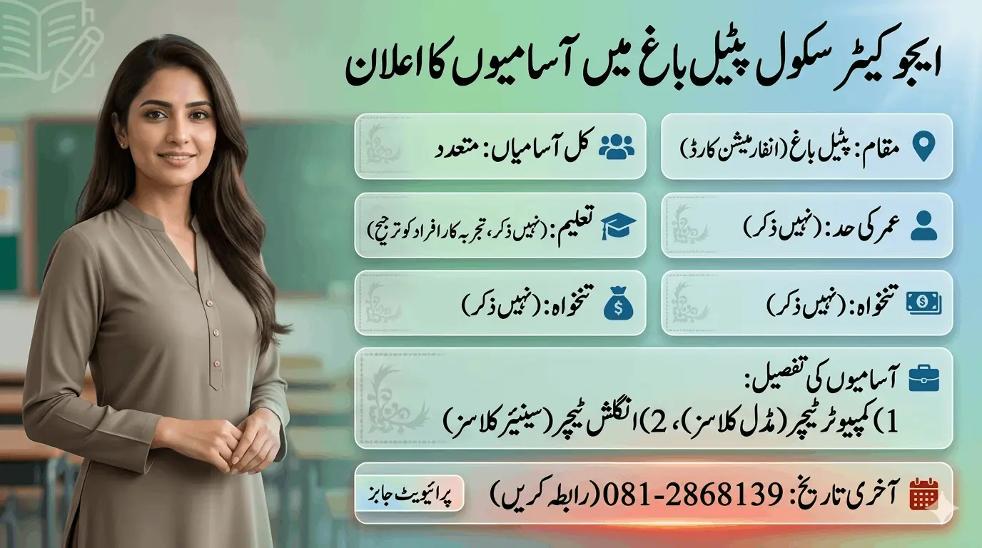 Educare School Shal Bagh Jobs 2026 feature image for private school teaching vacancies, including Computer Teacher and English Teacher posts with application contact details.