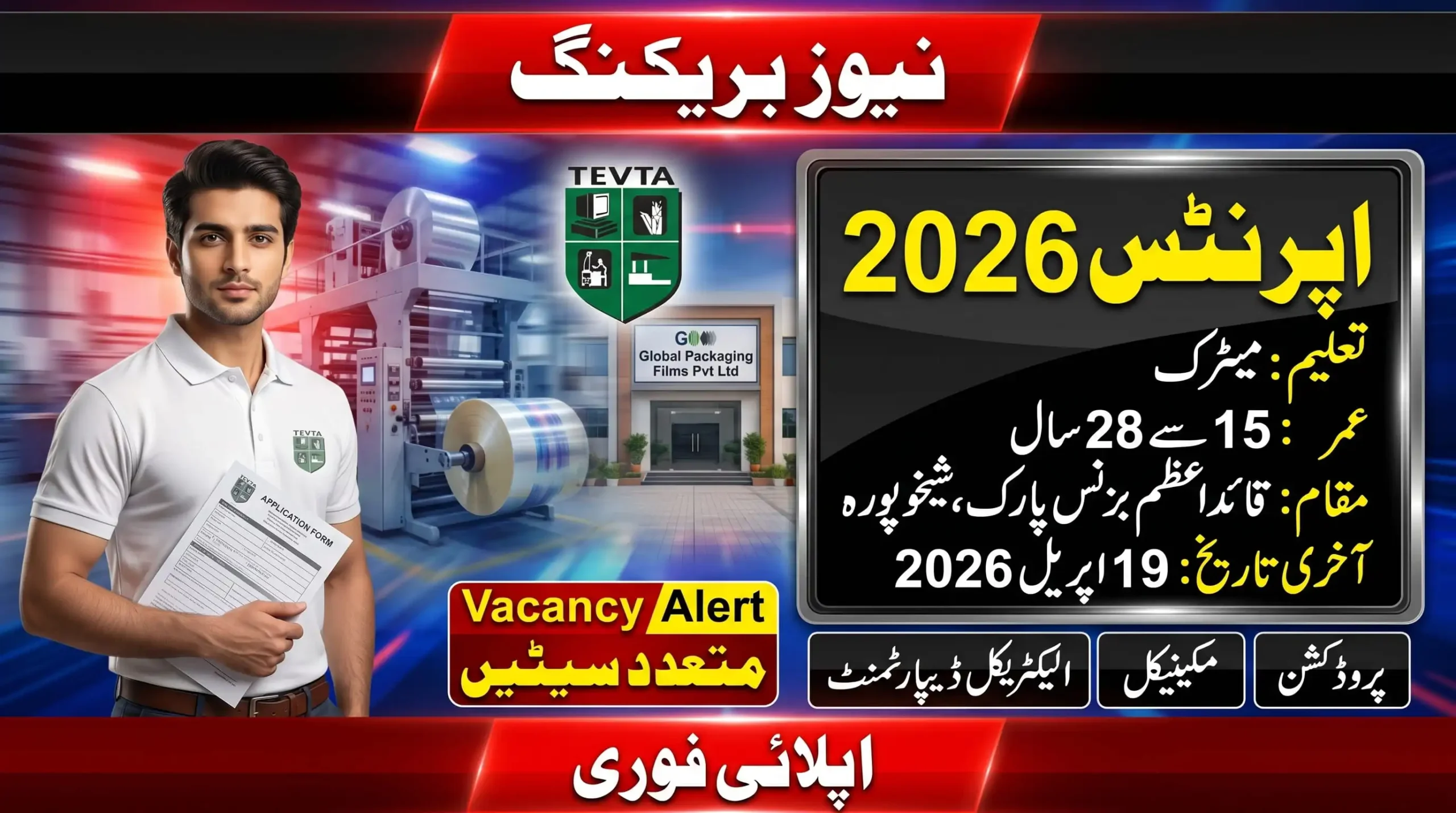 Global Packaging Films Apprenticeship 2026 feature image showing a vacancy alert for Matric candidates aged 15 to 28 years in Production, Mechanical, and Electrical departments at Sheikhupura.