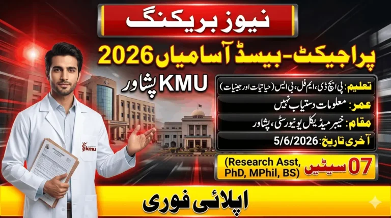 Khyber Medical University KMU 2026 project-based positions feature image showing KMU Peshawar jobs, research assistant posts, student ships, and last date to apply.