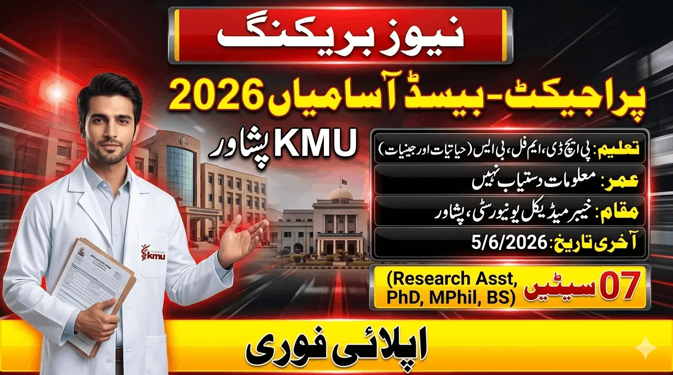 Khyber Medical University KMU 2026 project-based positions feature image showing KMU Peshawar jobs, research assistant posts, student ships, and last date to apply.