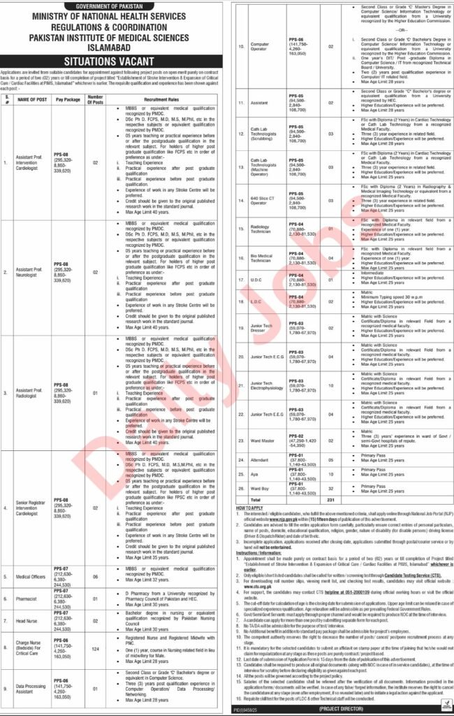 PIMS Islamabad Jobs 2026 job advertisement by Pakistan Institute of Medical Sciences for 231 contract-based project posts under Ministry of National Health Services.