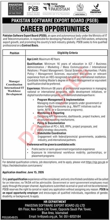 Pakistan Software Export Board Jobs 2026 advertisement showing PSEB career opportunity for Manager Coordination International IT Workforce Development with eligibility, deadline, and online apply details.