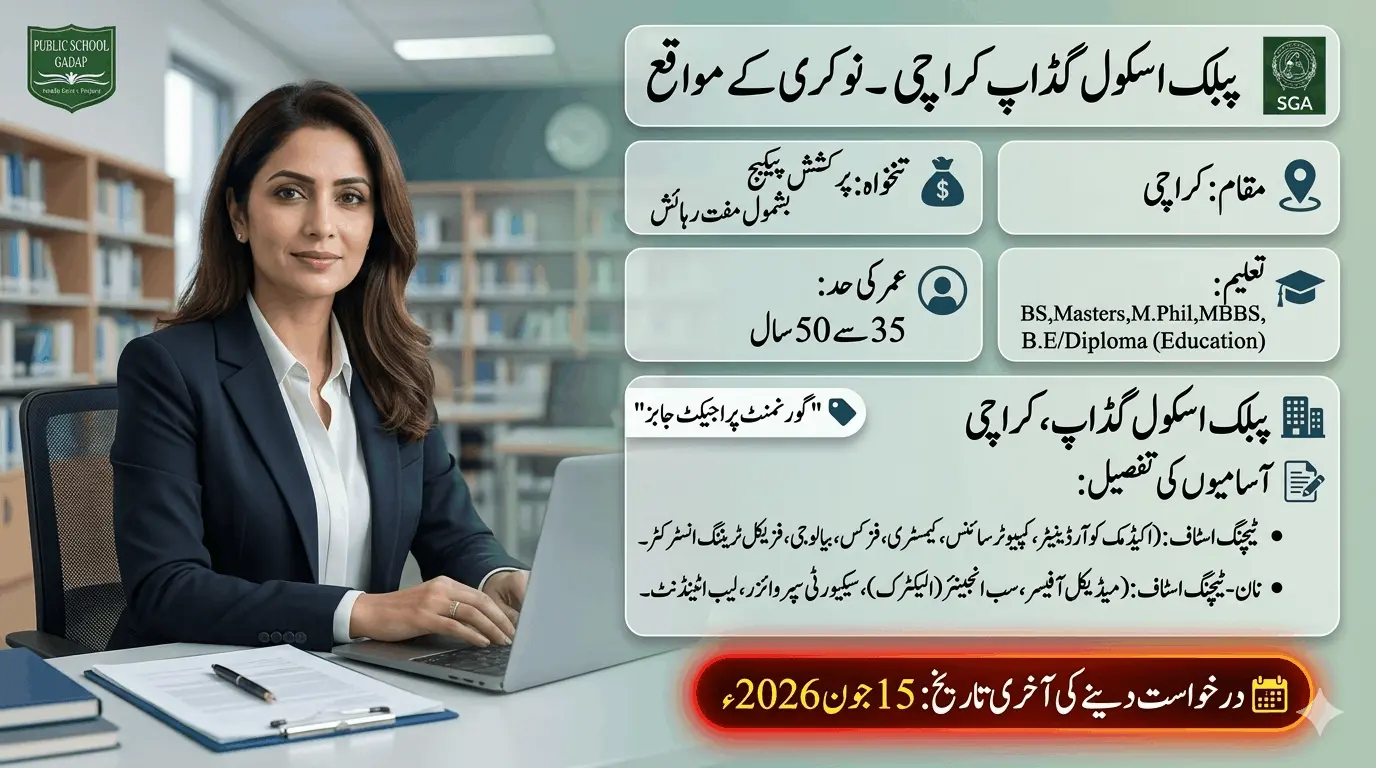Public School Gadap Karachi Jobs 2026 feature image showing teaching and non-teaching staff vacancies in Karachi with salary, age limit, education, and last date details.