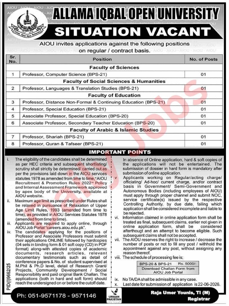 AIOU Jobs 2026 advertisement showing Allama Iqbal Open University professor and associate professor vacancies with last date 22 June 2026.