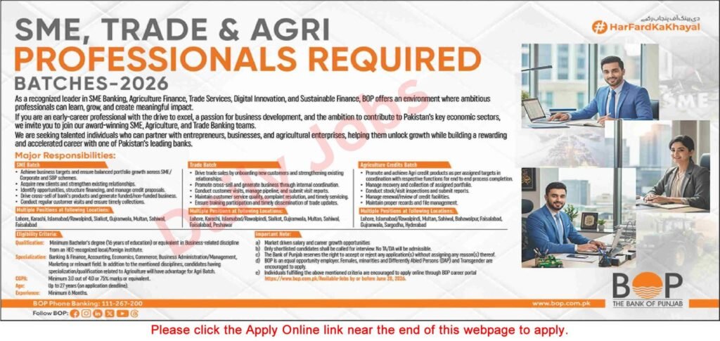 BOP SME, Trade & Agri Professionals 2026 jobs advertisement by The Bank of Punjab for SME, Trade and Agriculture Credit batches.