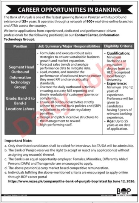 Bank of Punjab Jobs 2026 advertisement for Segment Head Outbound in Lahore with eligibility criteria, age limit, grade, and deadline.