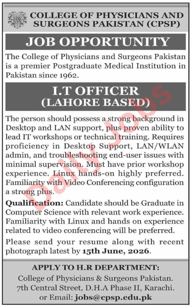 CPSP IT Officer Jobs 2026 in Lahore advertisement showing eligibility, IT support skills, application deadline, and email address for applying.