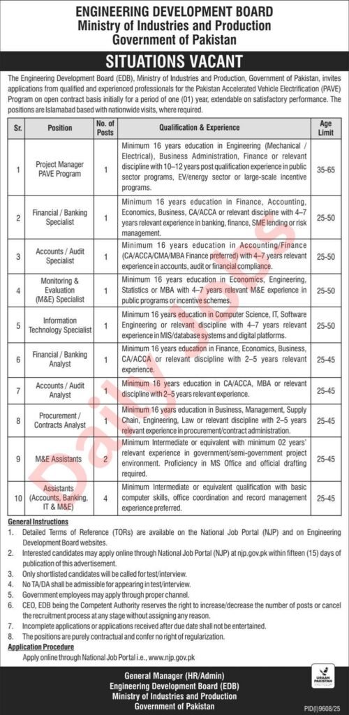 Engineering Development Board EDB Jobs advertisement for PAVE Program contract vacancies in Islamabad with eligibility, age limits, and NJP apply details.