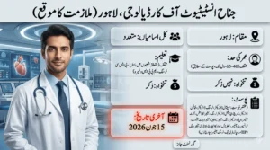 Jinnah Institute of Cardiology Lahore Jobs 2026 Urdu poster with doctor, vacancy details, eligibility, and last date.