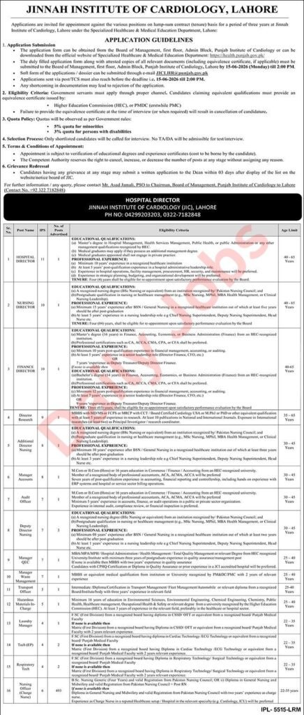 Jinnah Institute of Cardiology Lahore Jobs 2026 advertisement with vacancies, eligibility criteria, age limits, and application deadline.