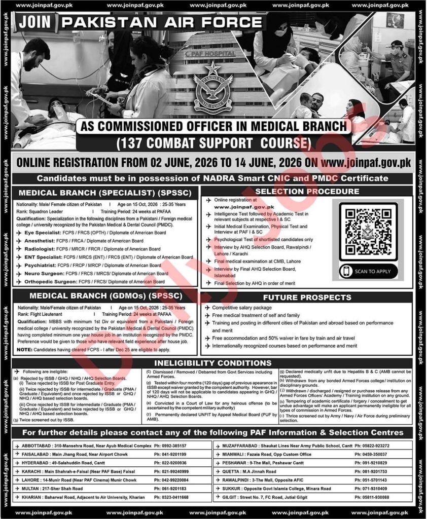 Pakistan Air Force as Commissioned Officer jobs 2026 advertisement for Medical Branch registration, eligibility, selection process, and online apply dates.