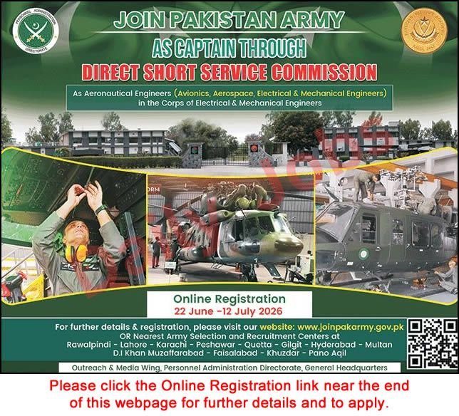 Join Pakistan Army as Captain Through Direct SSC 2026 advertisement for Aeronautical Engineers with online registration dates 22 June to 12 July 2026.