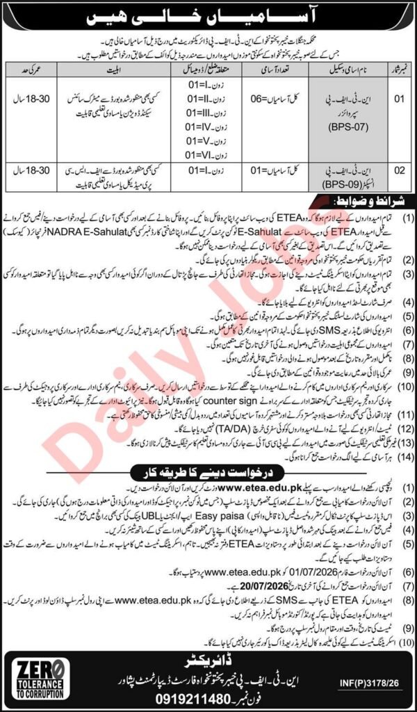 KPK Forest Department NTFP Jobs 2026 advertisement for Supervisor and Inspector posts through ETEA online application.