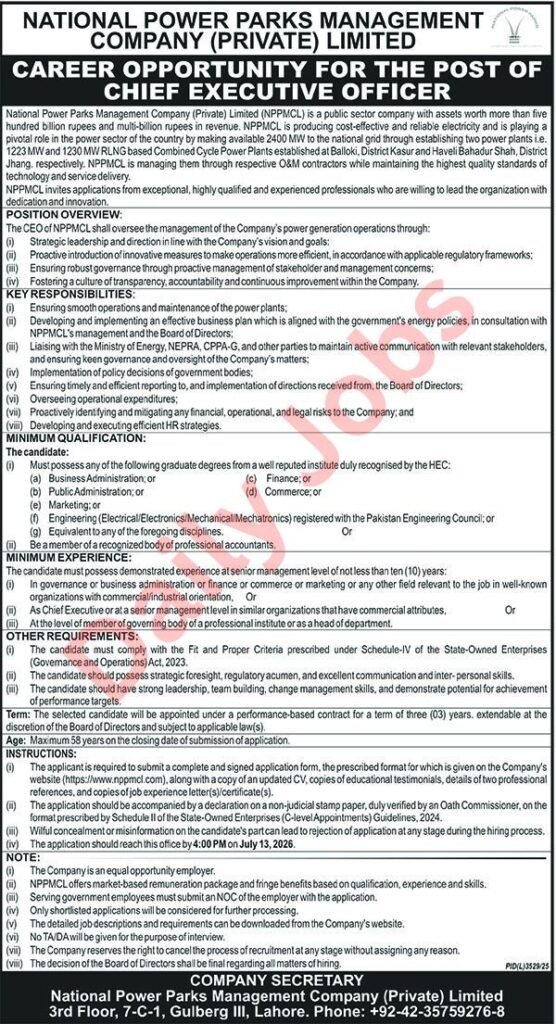 NPPMCL Jobs 2026 advertisement for Chief Executive Officer post at National Power Parks Management Company with eligibility, experience, age limit, application process, and last date 13 July 2026.