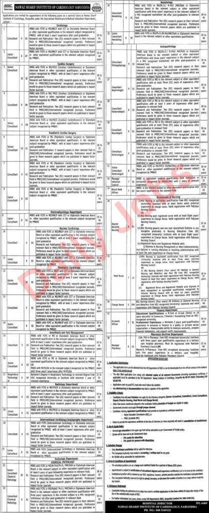 NSIC Sargodha Jobs 2026 advertisement for 367 contract vacancies at Nawaz Sharif Institute of Cardiology, including medical, nursing, pharmacy and admin posts.