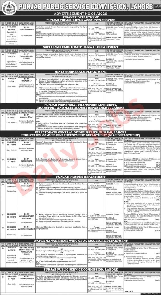 PPSC Advertisement No 06/2026 Jobs 2026 official Punjab Public Service Commission job ad showing vacancies in Finance, Social Welfare, Mines, Transport, Industries, Prisons, Agriculture, and PPSC Lahore.