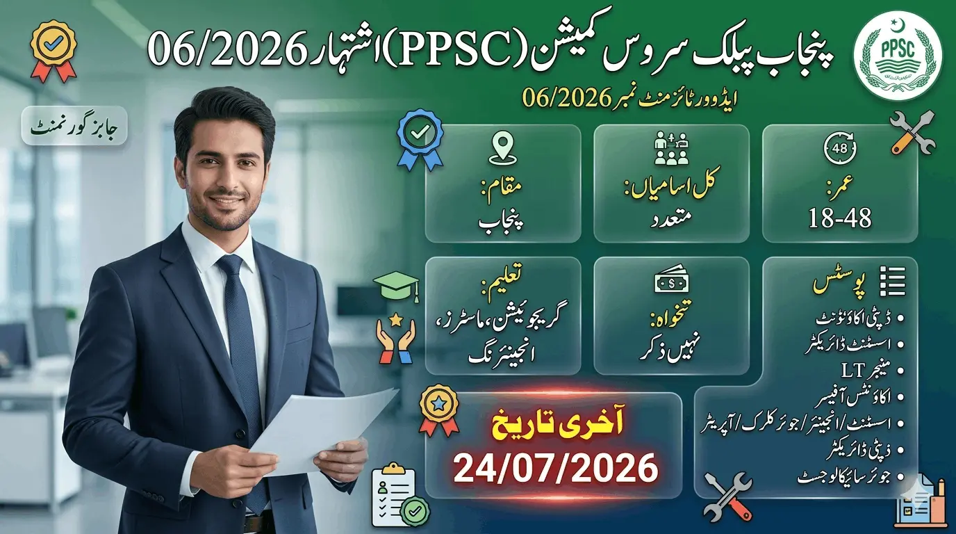PPSC Advertisement No 06/2026 Jobs 2026 banner showing Punjab job vacancies, eligibility details, age limit, and last date 24 July 2026.