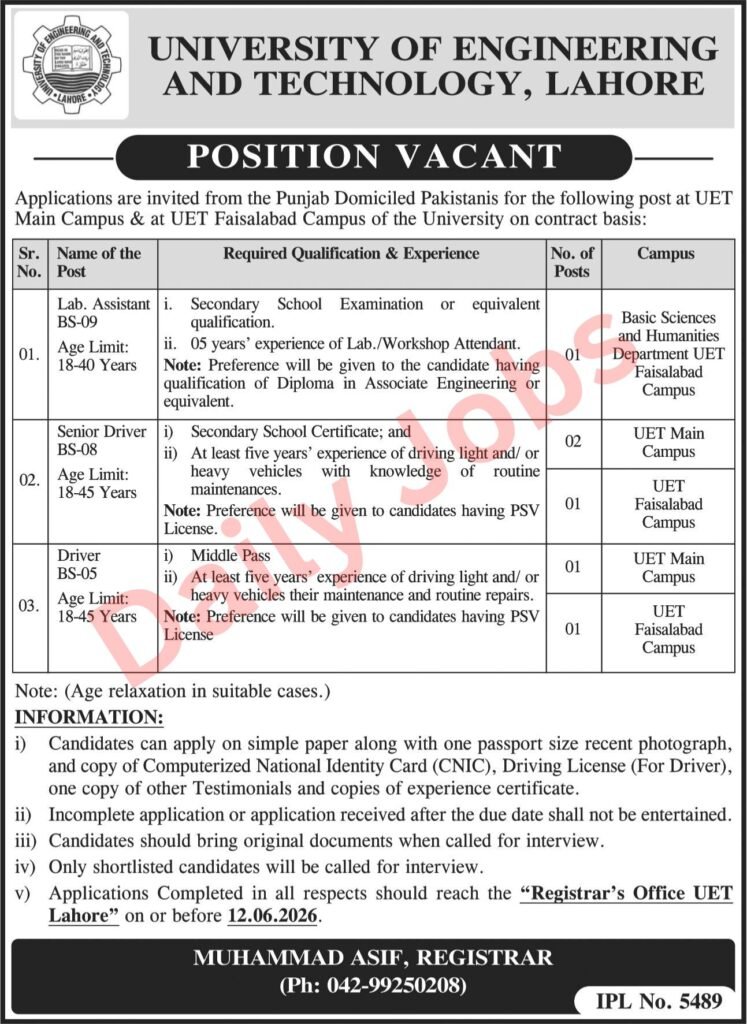 UET Lahore Jobs 2026 advertisement for Lab Assistant, Senior Driver and Driver vacancies at UET Lahore and Faisalabad campuses.