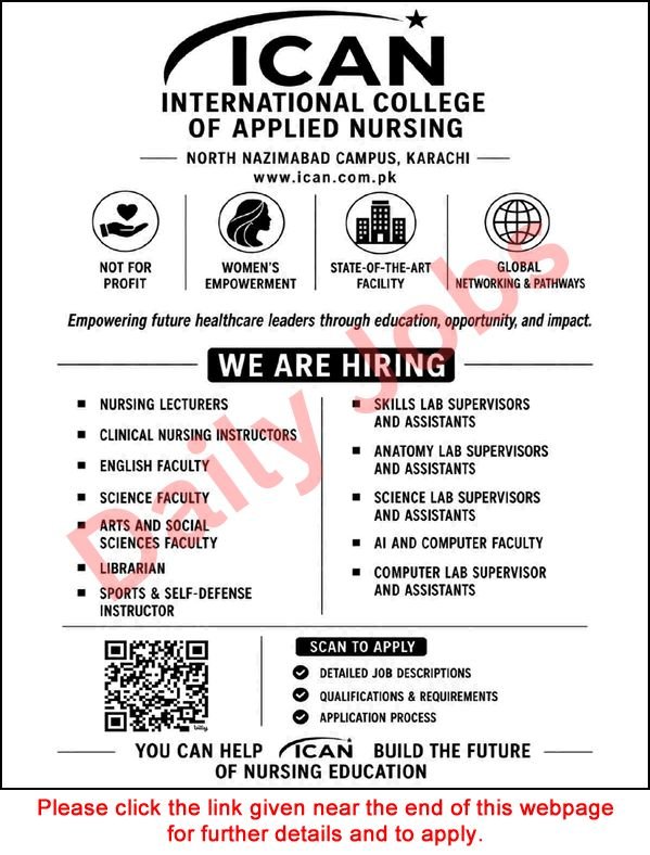 ICAN Karachi Jobs advertisement for nursing lecturers, clinical instructors, faculty, lab supervisors, assistants, librarian and computer staff at ICAN North Nazimabad Campus.