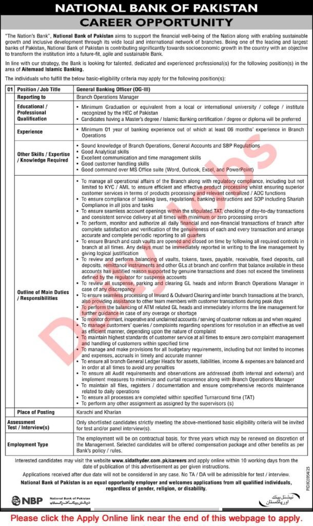 National Bank of Pakistan Jobs advertisement for General Banking Officer OG-III in Karachi and Kharian, apply online via Sidat Hyder.