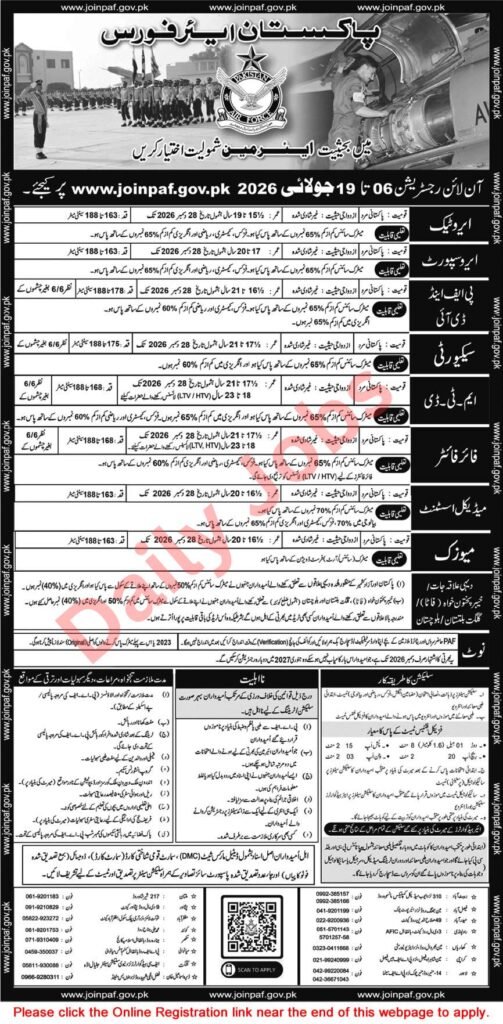 PAF Jobs 2026 advertisement for Aero Trade, Air Support, Security, MTD and Medical Assistant posts