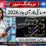 Staff Required for Pharmacy job update 2026 for Paragon Society, featuring a pharmacist and application details with contact number